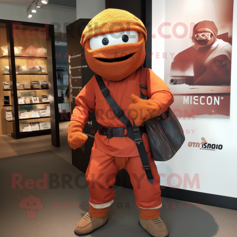 Rust Ninja mascot costume character dressed with a Chinos and Handbags Rust Ninja mascot costume character dressed with a Chinos and Handbags