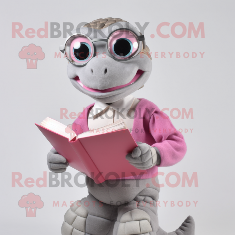 Gray Pink mascot costume character dressed with a Turtleneck and Reading glasses