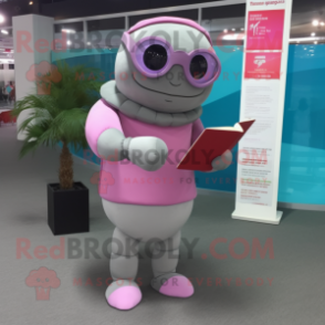 Gray Pink mascot costume character dressed with a Turtleneck and Reading glasses