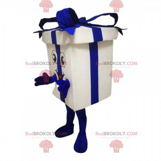 Mascota de paquete de regalo blanco y azul - Redbrokoly.com