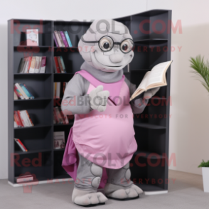 Gray Pink mascot costume character dressed with a Turtleneck and Reading glasses