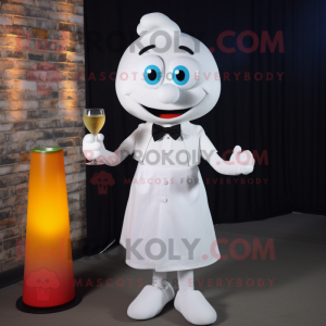 White Shakshuka mascot costume character dressed with a Cocktail Dress and Bow ties