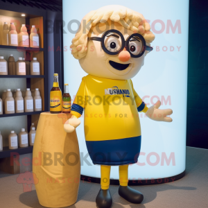 nan Bottle Of Mustard mascot costume character dressed with a Rugby Shirt and Reading glasses