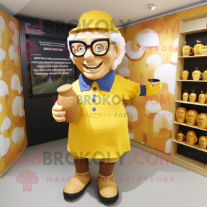 nan Bottle Of Mustard mascot costume character dressed with a Rugby Shirt and Reading glasses