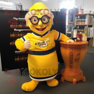 nan Bottle Of Mustard mascot costume character dressed with a Rugby Shirt and Reading glasses