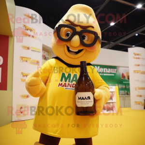 nan Bottle Of Mustard mascot costume character dressed with a Rugby Shirt and Reading glasses