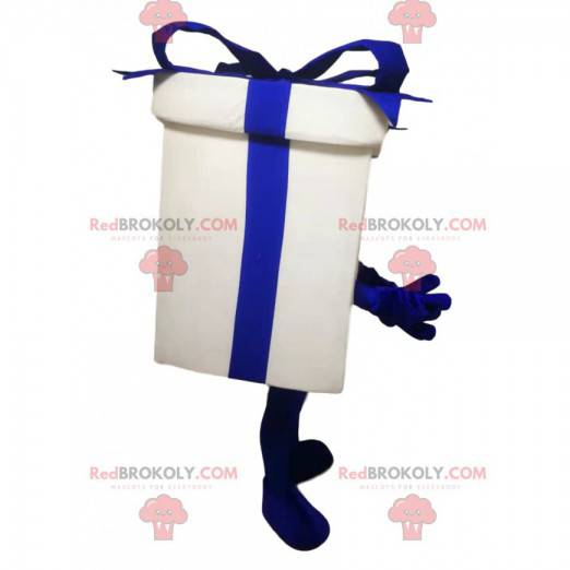 Hvid og blå gavepakke maskot - Redbrokoly.com