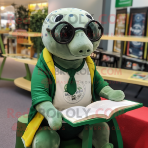 Forest Green Seal mascot costume character dressed with a Oxford Shirt and Reading glasses