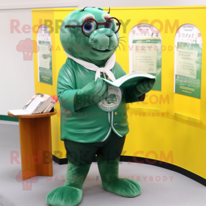 Forest Green Seal mascot costume character dressed with a Oxford Shirt and Reading glasses