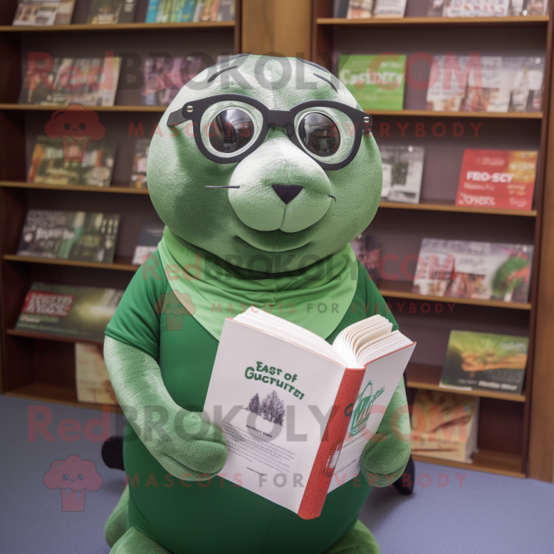 Forest Green Seal mascot costume character dressed with a Oxford Shirt and Reading glasses