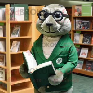 Forest Green Seal mascot costume character dressed with a Oxford Shirt and Reading glasses