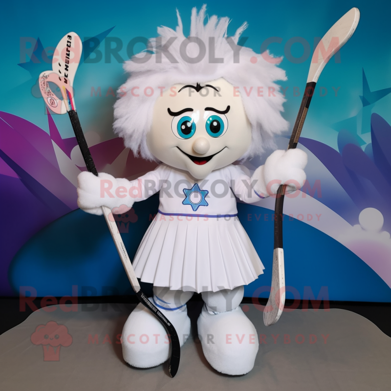 White Ice Hockey Stick mascot costume character dressed with a Skirt and Hairpins White Ice Hockey Stick mascot costume character dressed with a Skirt and Hairpins