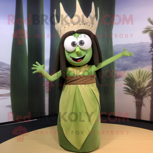 Olive King mascot costume character dressed with a Maxi Skirt and Bracelets