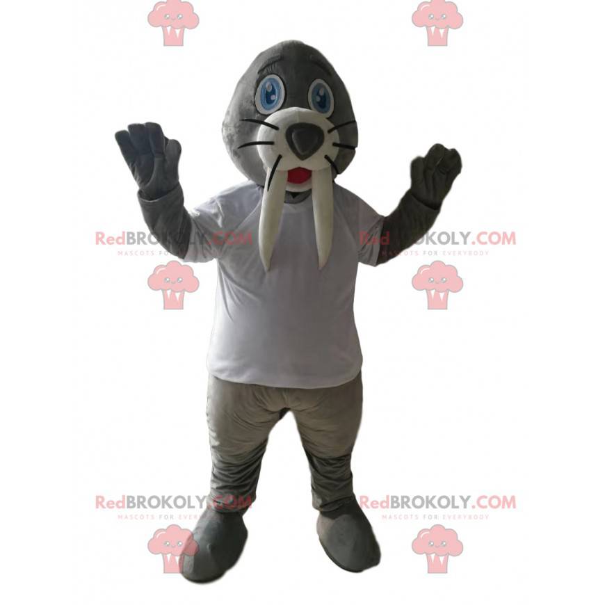 Mascota de morsa gris con una camiseta blanca - Redbrokoly.com