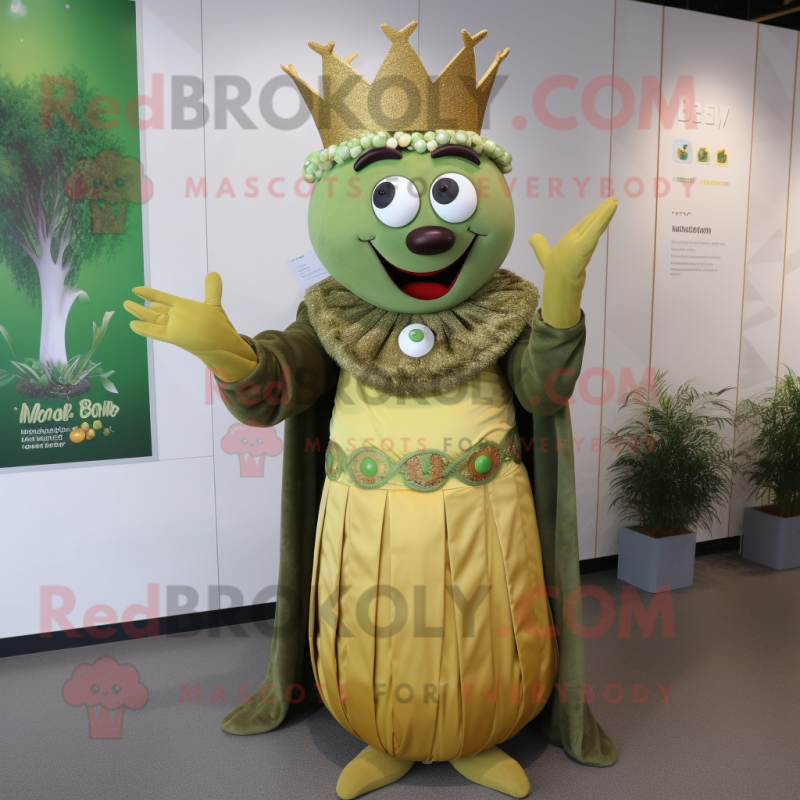 Olive King mascot costume character dressed with a Maxi Skirt and Bracelets