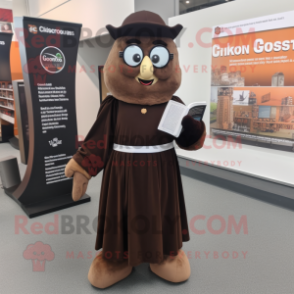 Brown Guinness mascot costume character dressed with a Sheath Dress and Reading glasses