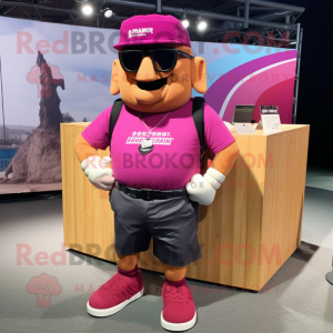 Magenta Strongman mascot costume character dressed with a Cargo Shorts and Eyeglasses