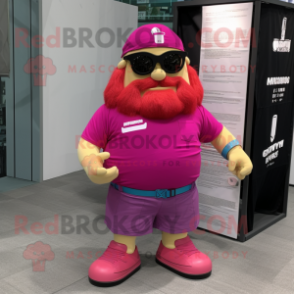 Magenta Strongman mascot costume character dressed with a Cargo Shorts and Eyeglasses