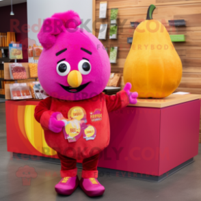 Magenta Mango mascot costume character dressed with a Corduroy Pants and Coin purses