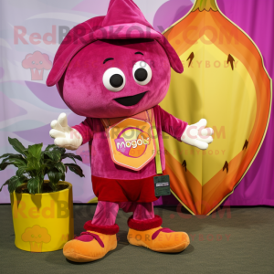 Magenta Mango mascot costume character dressed with a Corduroy Pants and Coin purses