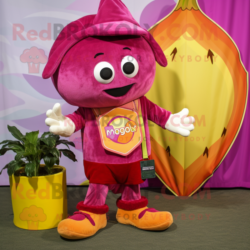 Magenta Mango mascot costume character dressed with a Corduroy Pants and Coin purses Magenta Mango mascot costume character dressed with a Corduroy Pants and Coin purses
