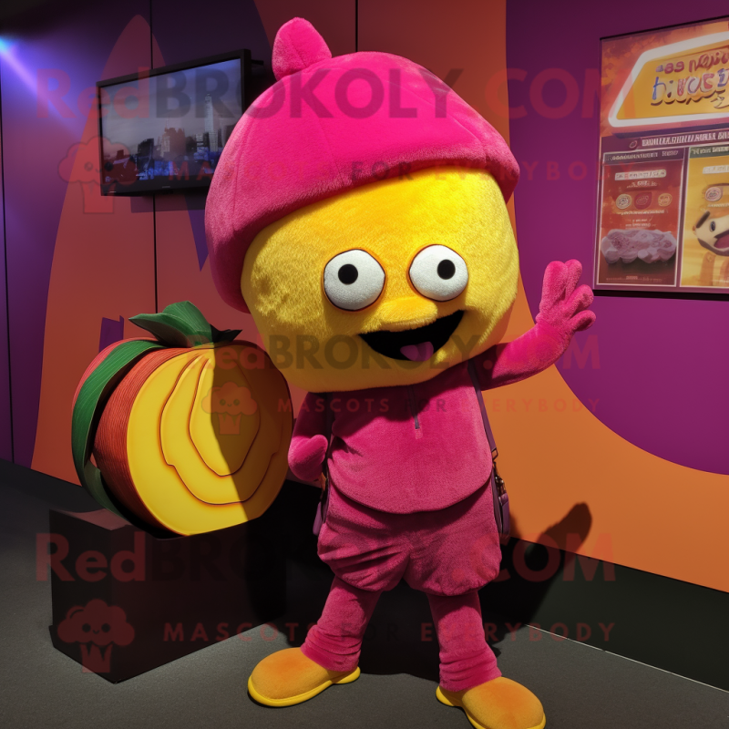 Magenta Mango mascot costume character dressed with a Corduroy Pants and Coin purses Magenta Mango mascot costume character dressed with a Corduroy Pants and Coin purses