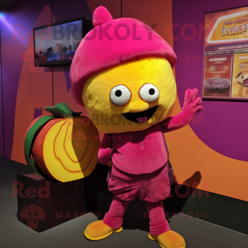 Magenta Mango mascot costume character dressed with a Corduroy Pants and Coin purses