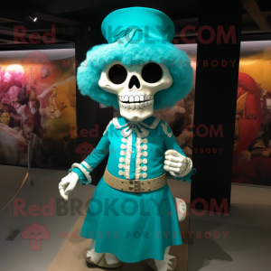 Turquoise Skull mascot costume character dressed with a Dress and Cummerbunds