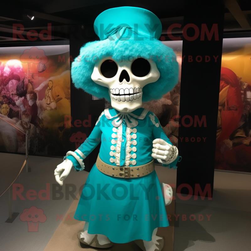 Turquoise Skull mascot costume character dressed with a Dress and Cummerbunds Turquoise Skull mascot costume character dressed with a Dress and Cummerbunds