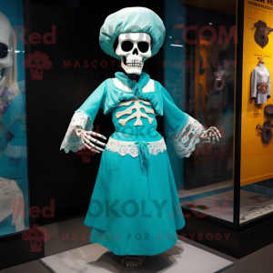 Turquoise Skull mascot costume character dressed with a Dress and Cummerbunds