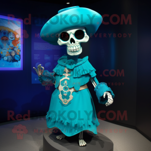 Turquoise Skull mascot costume character dressed with a Dress and Cummerbunds