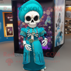 Turquoise Skull mascot costume character dressed with a Dress and Cummerbunds