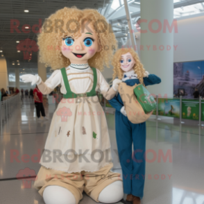 Beige Irish Dancer mascot costume character dressed with a Boyfriend Jeans and Handbags