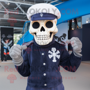 Navy Skull mascot costume character dressed with a Jeggings and Gloves