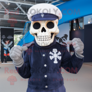 Navy Skull mascot costume character dressed with a Jeggings and Gloves