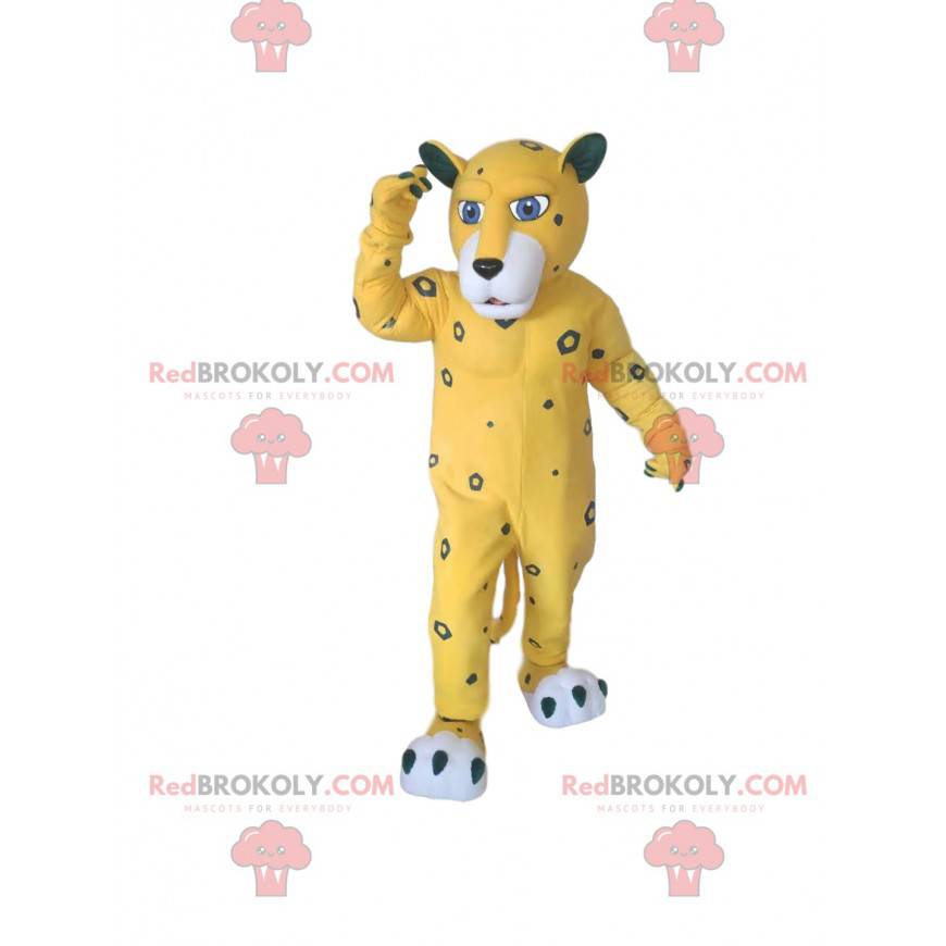 Gelbes Leopardenmaskottchen mit grauen Flecken - Redbrokoly.com