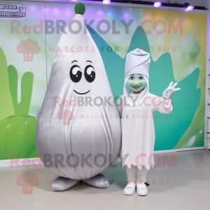 Silver Pear mascot costume character dressed with a Midi Dress and Beanies