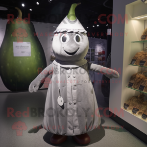 Silver Pear mascot costume character dressed with a Midi Dress and Beanies