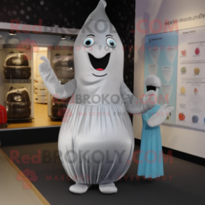 Silver Pear mascot costume character dressed with a Midi Dress and Beanies