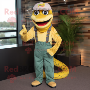 Gold Snake mascot costume character dressed with a Dungarees and Belts