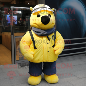 Lemon Yellow Navy Seal mascot costume character dressed with a Bomber Jacket and Shoe laces