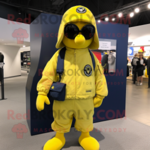 Lemon Yellow Navy Seal mascot costume character dressed with a Bomber Jacket and Shoe laces