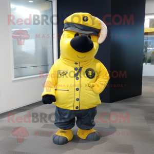 Lemon Yellow Navy Seal mascot costume character dressed with a Bomber Jacket and Shoe laces