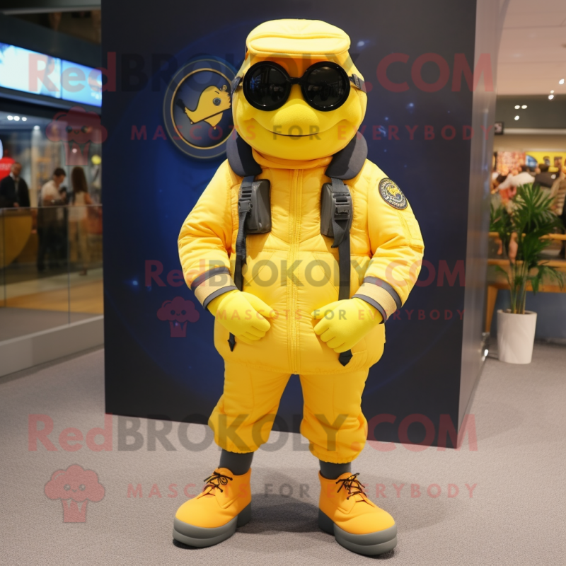 Lemon Yellow Navy Seal mascot costume character dressed with a Bomber Jacket and Shoe laces