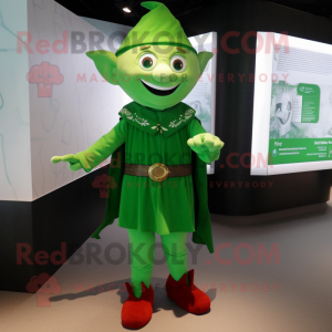 Green Elf mascot costume character dressed with a Maxi Dress and Cufflinks