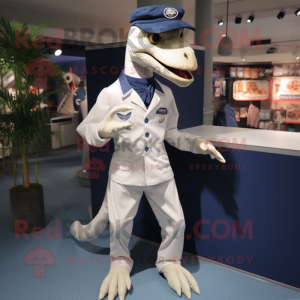 Navy Velociraptor mascot costume character dressed with a Playsuit and Shoe clips