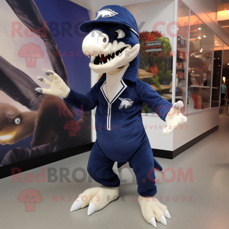 Navy Velociraptor mascot costume character dressed with a Playsuit and Shoe clips