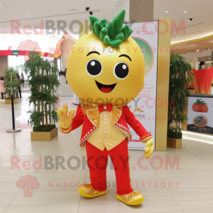 Gold Strawberry mascot costume character dressed with a Jacket and Bracelets