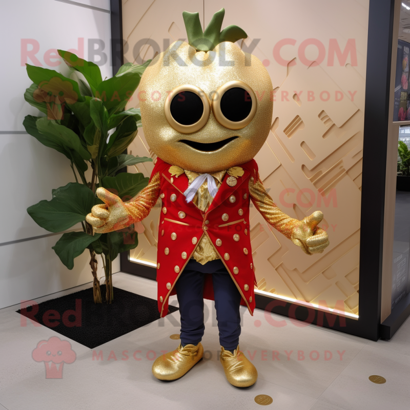 Gold Strawberry mascot costume character dressed with a Jacket and Bracelets Gold Strawberry mascot costume character dressed with a Jacket and Bracelets