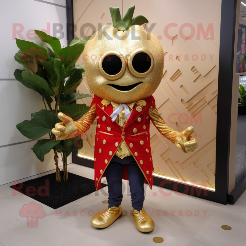 Gold Strawberry mascot costume character dressed with a Jacket and Bracelets